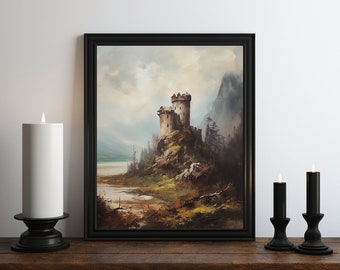 Dark Academia Castle Oil Painting, Dark Wall Art, Moody Decor, Halloween Art, Vintage Decor, Gothic Art, Witchy Print, Gothic Castle