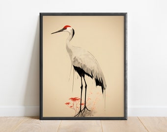 Japanese Crane Wall Art Print, Japanese Art, Asian Decor, Office Decor, Bird Painting, Edo Art, Modern Art, Nature Decor, Crane Painting