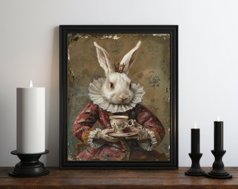 Dark Academia Victorian Rabbit Oil Painting Wall Art Print, Easter Wall Art, Gothic Wall Art, Vintage Halloween Art, Witchy Print, Tea Art