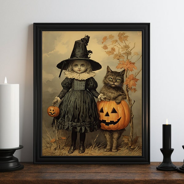 Bruja y gato pintura al óleo impresión de arte de pared, arte de pared de Halloween, impresión de Halloween, arte vintage de Halloween, impresión de brujas, decoración victoriana