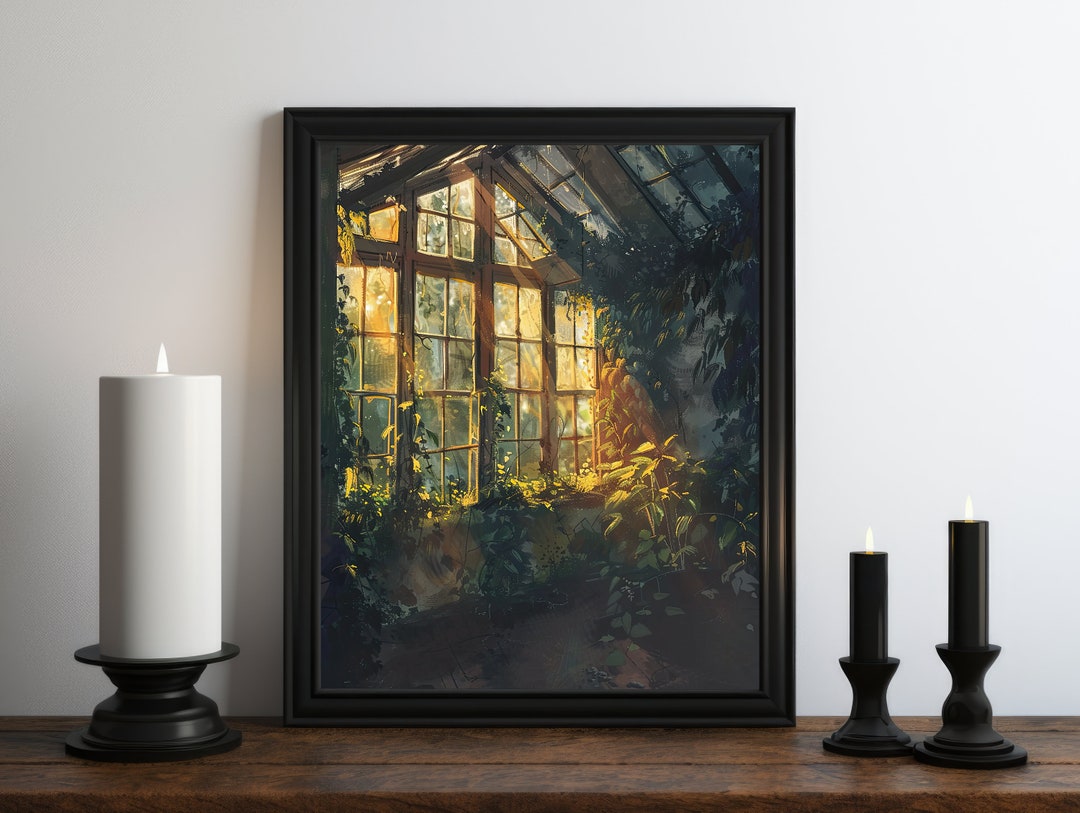 Dark Academia Greenhouse Oil Painting Wall Art Print, Cozy Aesthetic ...