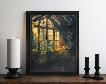 Dark Academia Greenhouse Oil Painting Wall Art Print, Cozy Aesthetic, Moody Print, Witch Room Decor, Vintage Botanical Art, Cottagecore Art
