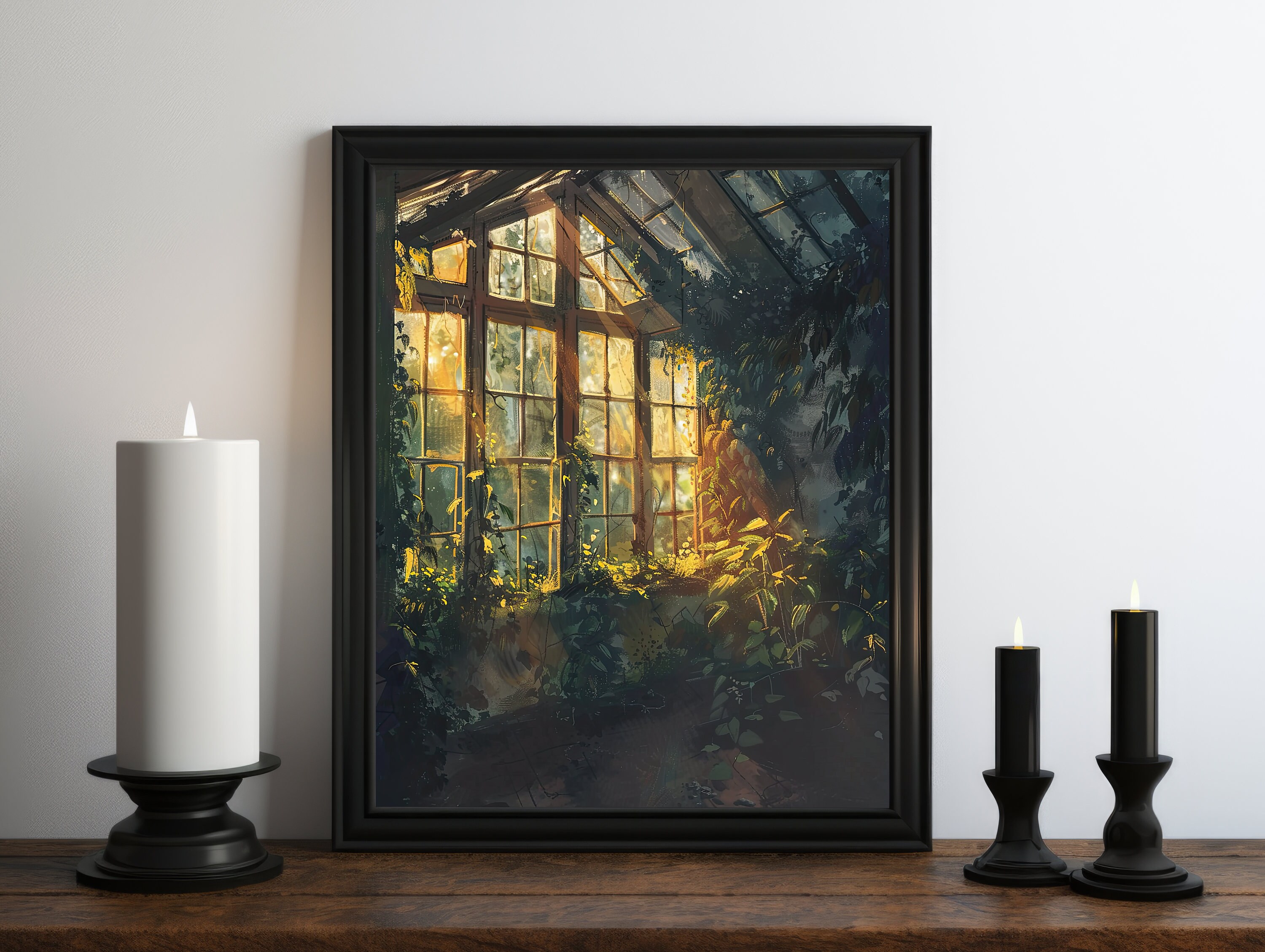 Dark Academia Greenhouse Oil Painting Wall Art Print, Cozy Aesthetic