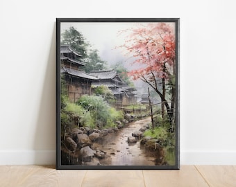 Watercolor Japanese Countryside Wall Art Print, Oriental Art, Cozy Aesthetic, Sakura Tree, Studio Ghibli Art, Buddhist Art, Edo Art, Rainy