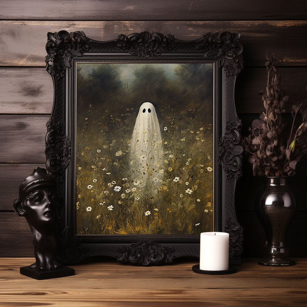 Dark Academia Ghost Flower Field Oil Painting, Dark Wall Art, Moody ...