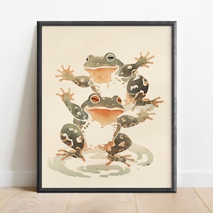 Minimalist Japanese Frogs Watercolor Wall Art Print, Japanese Art, Asian Decor, Office Decor, Edo Art, Nature Decor, Frogs Painting