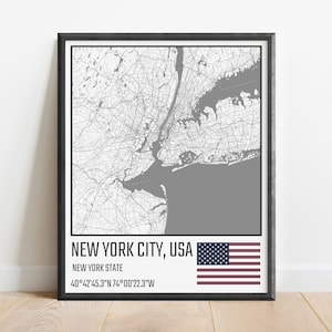 New York City Map Wall Art Print, US Flag, City Map Art, Traveling Art, Custom Map, Minimalist Home Decor, Personalized Map Gift, I Love NYC