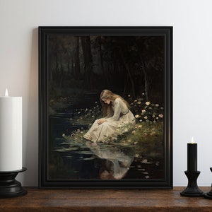 Dark Academia Witch of the Lake Oil Painting, Dark Wall Art, Moody Decor, Halloween Art, Vintage Decor, Gothic Art, Witchy Print, Somber Art