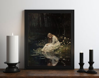 Dark Academia Witch of the Lake Oil Painting, Dark Wall Art, Moody Decor, Halloween Art, Vintage Decor, Gothic Art, Witchy Print, Somber Art