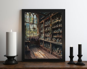 Dark Academia Apothecary Painting, Botanical Wall Art, Moody Decor, Halloween Art, Vintage Decor, Gothic Art, Witchy Print, Somber Art