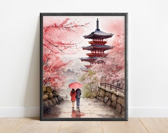 Watercolor Kyoto, Japan Wall Art Print, Japanese Art, Japanese Wall Art, Shinto Shrine Art, Buddhist Temple Art, Valentine's Day, Edo Art
