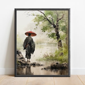 Watercolor Japanese Samurai Wall Art Print, Oriental Art, Ronin Decor, Edo Period Art, Kyoto Wall Art Painting, Buddhist Art, Zen Decor