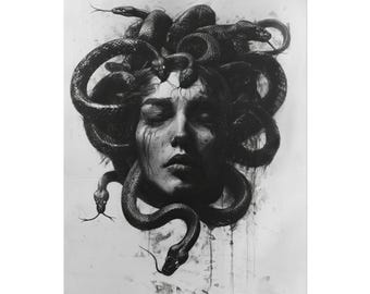 Medusa Portrait Painting, Dark Academia Witch Painting, Dark Wall Art, Greek Mythology Art, Halloween Art, Gothic Art, Witchy Print, Gorgon
