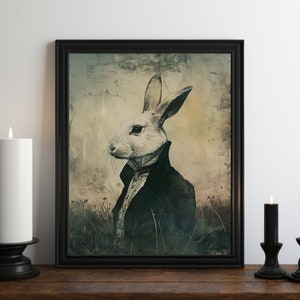 Dark Academia Rabbit Oil Painting Wall Art Print, Easter Wall Art, Gothic Wall Art, Vintage Halloween Art, Witchy Print, Easter Bunny Decor
