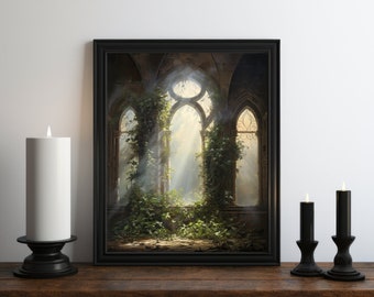 Dark Academia Nature Oil Painting Wall Art Print, Moody Library, Moody Print, Witch Room Decor, Vintage Botanical Aesthetic, Fantasy Art