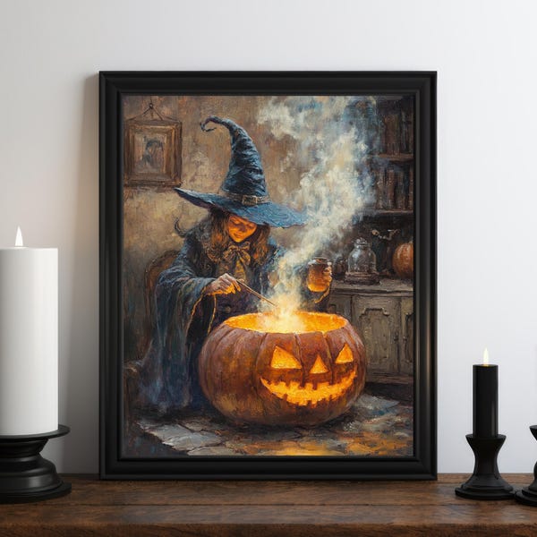 Halloween Witch Oil Painting Wall Art Print, Halloween Wall Art, Halloween Print, Vintage Halloween Art, Witchy Print, Victorian Decor