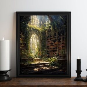 May include: A framed painting of an overgrown library with a large window and a staircase leading up to it. The library is filled with bookshelves and plants.