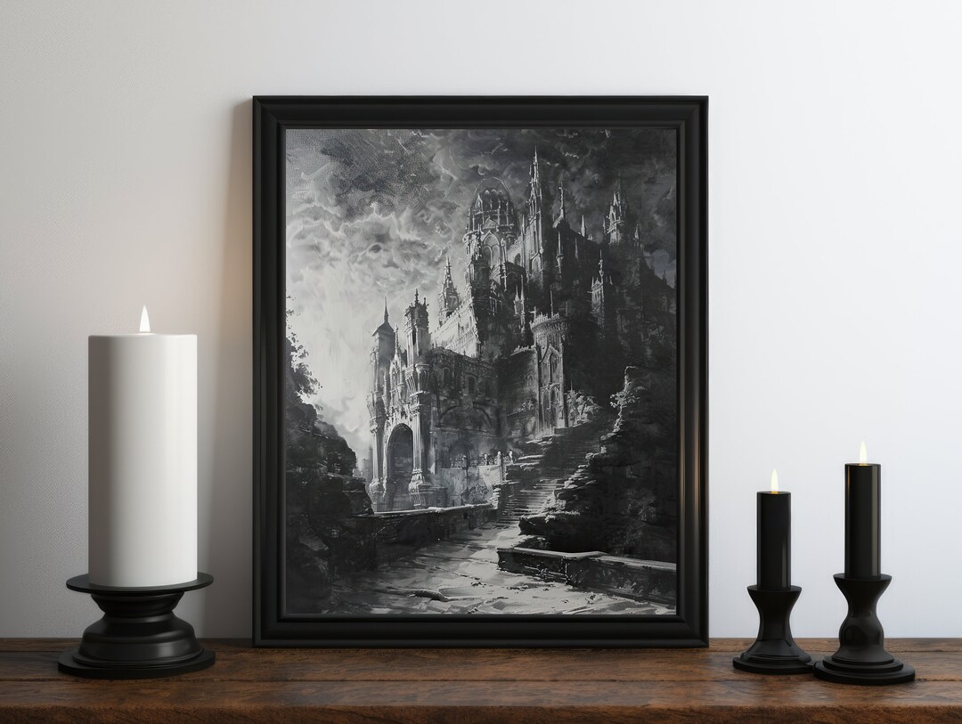 Dark Academia Gothic Castle Oil Painting Wall Art Print, Moody ...