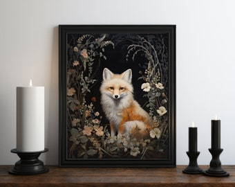 Dark Academia Fox Oil Painting, Dark Wall Art, Moody Decor, Halloween Art, Vintage Decor, Gothic Art, Witchy Print, Dark Botanical,Victorian