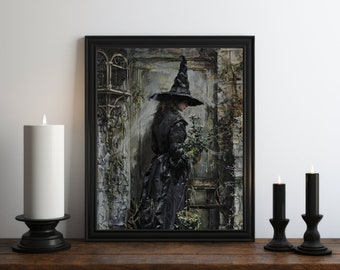 Dark Academia Nature Witch Painting, Dark Wall Art, Moody Decor, Halloween Art, Vintage Decor, Gothic Art, Witchy Print, Cottagecore Art