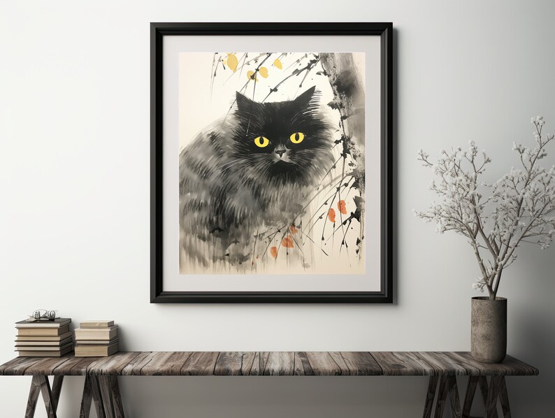 Watercolor Japanese Black Cat Art, Japan Wall Art Print, Feng Shui ...