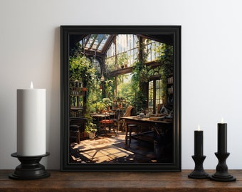 Dark Academia Nature Oil Painting Wall Art Print, Moody Library, Moody Print, Witch Room Decor, Vintage Botanical Aesthetic, Greenhouse Art