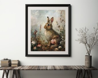 Dark Academia Victorian Rabbit Oil Painting Wall Art Print, Easter Wall Art, Gothic Wall Art, Vintage Halloween Art, Witchy Print, Tea Art