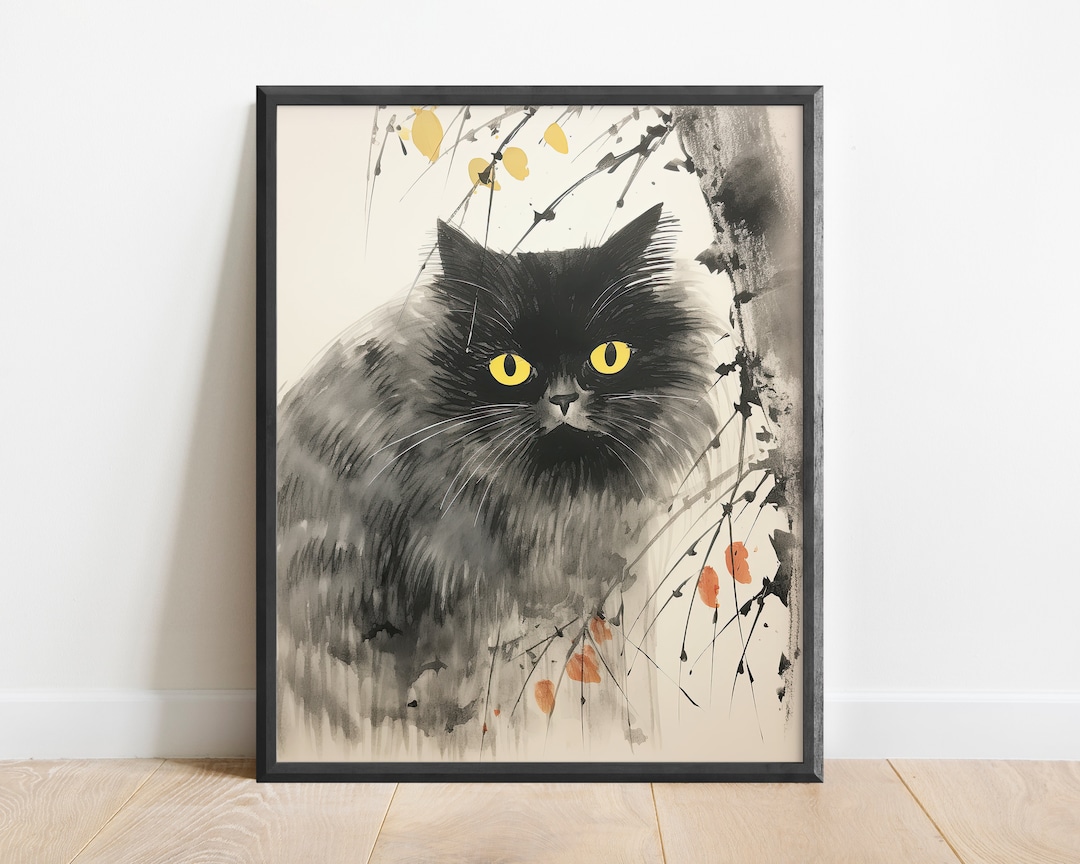 Watercolor Japanese Black Cat Art, Japan Wall Art Print, Feng Shui ...