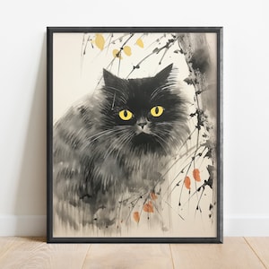 Watercolor Japanese Black Cat Art, Japan Wall Art Print, Feng Shui Decor, Zen Wall Art, Oriental Art, Woodblock Print, Edo Art, Sumi E Art