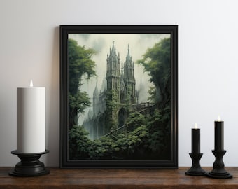 Dark Academia Castle Oil Painting Wall Art Print, Victorian Art, Moody Print, Witch Room Decor, Vintage Botanical Aesthetic, Gothic Art