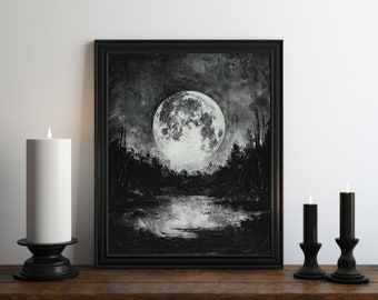 Dark Academia Moon Oil Painting Wall Art Print, Occult Moon Decor, Gothic Wall Art, Vintage Halloween Art, Witchy Print, Swamp Art, Druid