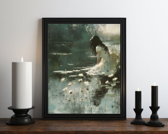 Dark Academia Witch of the Lake Oil Painting, Dark Wall Art, Moody Decor, Halloween Art, Vintage Decor, Gothic Art, Witchy Print, Somber Art