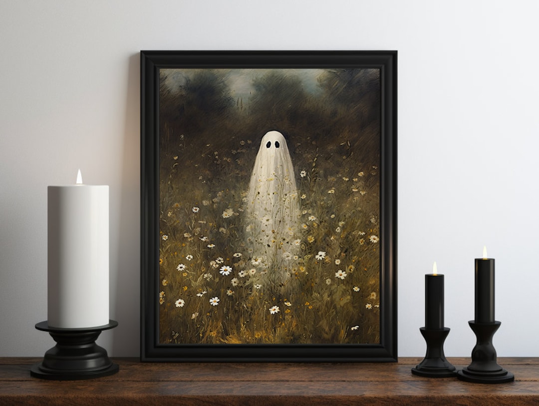 Dark Academia Ghost Flower Field Oil Painting, Dark Wall Art, Moody ...
