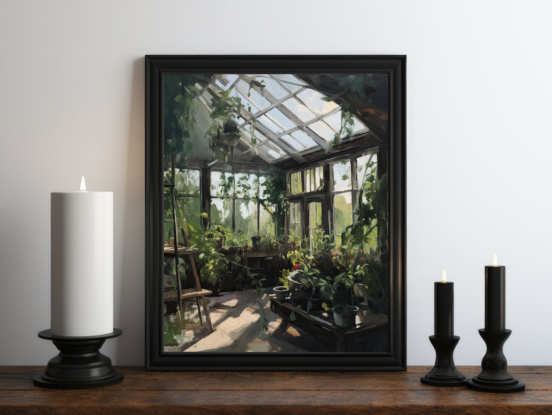 Dark Academia Greenhouse Oil Painting Wall Art Print, Cozy Aesthetic