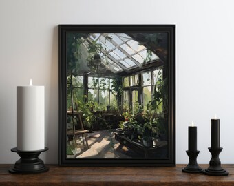 Dark Academia Greenhouse Oil Painting Wall Art Print, Cozy Aesthetic, Moody Print, Witch Room Decor, Vintage Botanical Art, Cottagecore Art