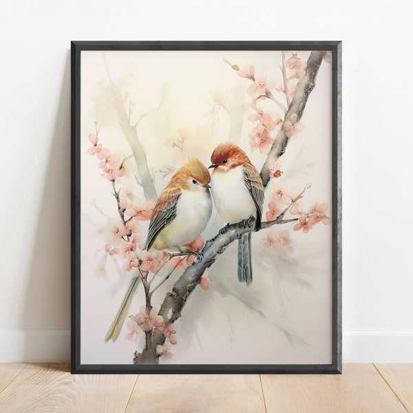 Watercolor Japanese Lovebirds Art, Sakura Wall Art Print, Feng Shui Decor, Zen Wall Art, Oriental Art, Valentine's Day, Edo Art, Sumi E Art