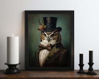 Owl Victorian Oil Painting, Dark Academia, Owl Art, Moody Decor, Cottagecore Wall Art, Vintage Decor, Gothic Art, Owl Decor, Witchy Print