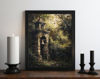 Dark Academia Bell Tower Oil Painting, Dark Wall Art, Moody Decor, Halloween Art, Vintage Decor, Gothic Wall Art, Witchy Print, Nature Art
