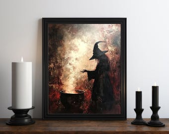 May include: A painting of a witch in a black pointed hat standing in front of a cauldron with smoke rising from it. The background is a dark red and orange with a textured look.