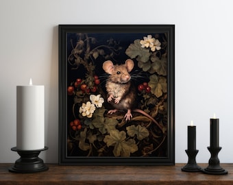 Dark Academia Mouse Oil Painting, Dark Wall Art, Moody Decor, Halloween Art, Vintage Decor, Gothic Art, Witchy Print, Dark Botanical