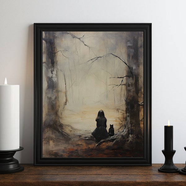 Dark Academia Witch Black Cat Oil Painting, Dark Wall Art, Moody Decor, Halloween Art, Vintage Decor, Gothic Art, Witchy Print, Victorian