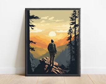 Minimalist Hiking Painting Wall Art Print, Nature Art, Forest Print, Gift for Hiker, Adventure Decor, Mountains Art, Sunset Print, Geometric