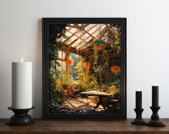 Dark Academia Nature Oil Painting Wall Art Print, Flower Shop, Moody Print, Witch Room Decor, Vintage Botanical Aesthetic, Greenhouse Art