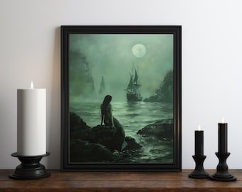 Dark Academia Mermaid Oil Painting, Dark Wall Art, Moody Decor, Halloween Art, Vintage Decor, Gothic Wall Art, Witchy Print, Victorian Art