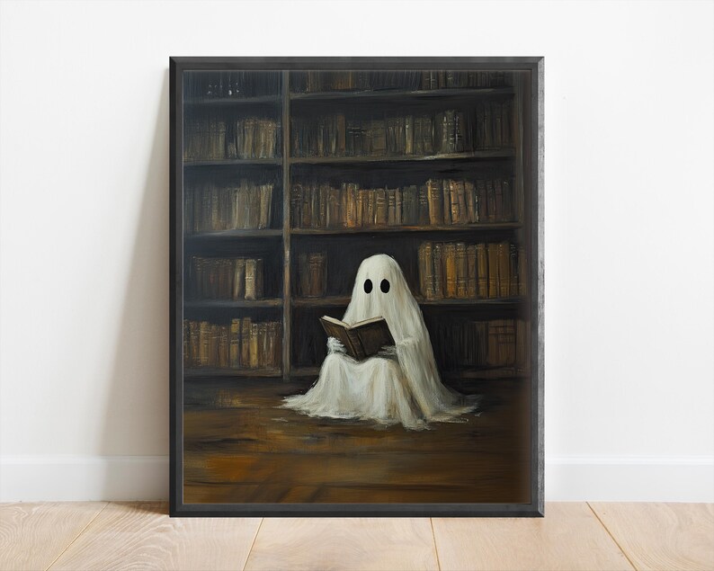 May include: A white ghost with two black eyes sits in a dark room with a bookshelf filled with books. The ghost is reading a book.