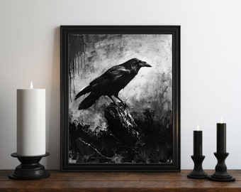 Dark Academia Raven Oil Painting Wall Art Print, Occult Moon Decor, Gothic Wall Art, Vintage Halloween Art, Witchy Print, Swamp Art, Druid