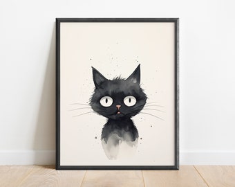 Minimalist Watercolor Black Cat Wall Art Print, Cat Art, Summer Decor, Garden Art, Office Decor, Gift for Cat Lover, Nursery Art, Odd Cat