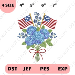 May include: An embroidered floral design featuring a bouquet of blue hydrangeas, small blue flowers, and two American flags. The design includes green leaves and is tied with a red ribbon. The image also shows size options: 4", 5", 6", and 7".
