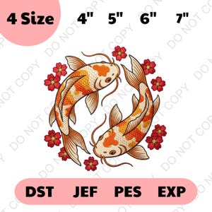 May include: Embroidered design featuring two koi fish in a circular arrangement, with red flowers. The design is available in 4 sizes, ranging from 4" to 7". The design includes the file formats DST, JEF, PES, and EXP.