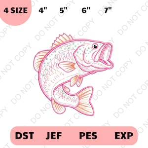 Puede incluir: Diseño de pez bordado en rosa y naranja, con la boca abierta, con tamaños de 10 cm, 13 cm, 15 cm y 18 cm. El diseño también incluye el texto "4 SIZE" y las abreviaturas de tipo de archivo: DST, JEF, PES y EXP.